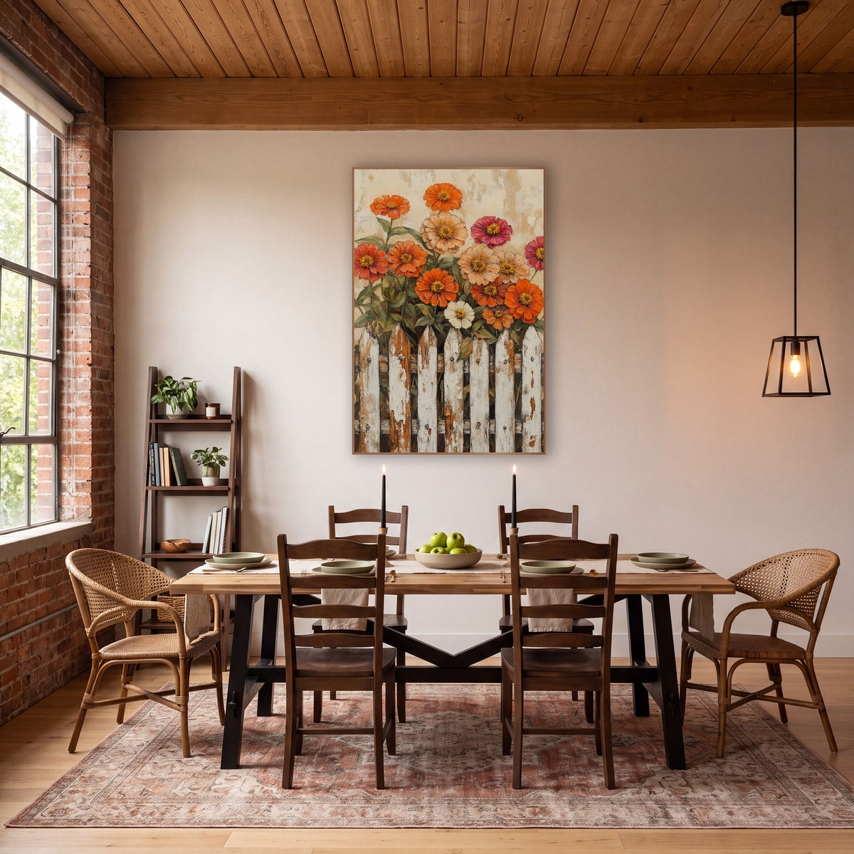 Peach Zinnia Meadow Crackled Fence Painterly wall art in a farmhouse-style room – orange, peach and magenta zinnias