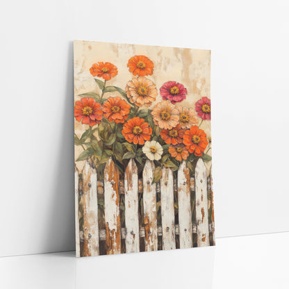 Peach Zinnia Meadow Crackled Fence Painterly art print leaning against a white wall – orange, peach and magenta zinnias