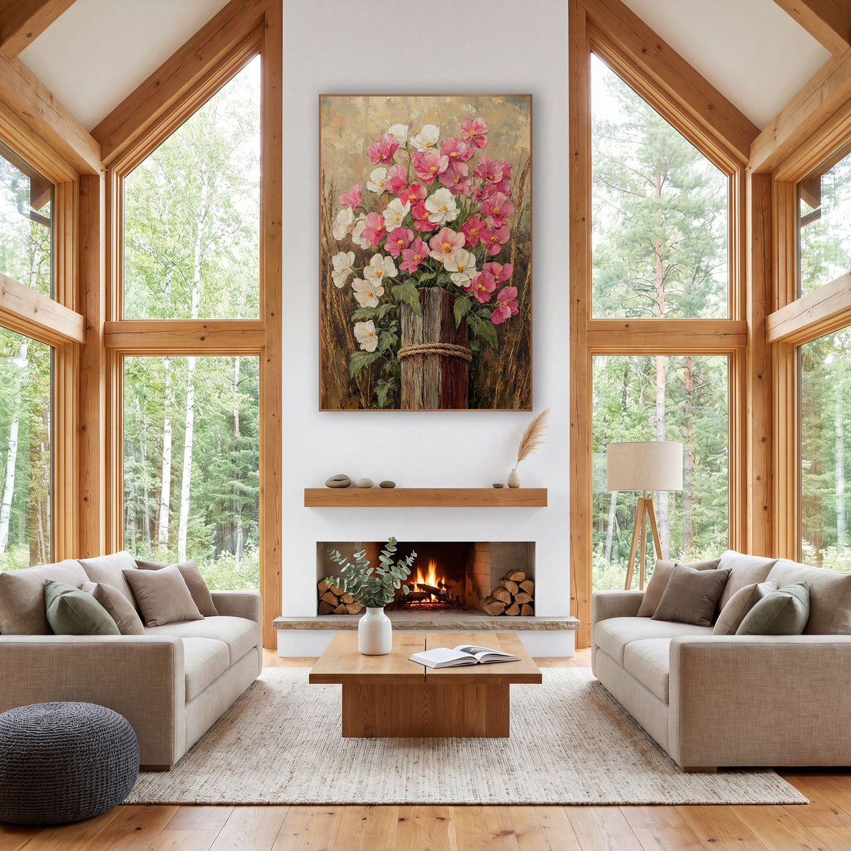 Pink White Blooms Rustic Farmhouse wall art in a farmhouse-style room – pink and white flowers on a weathered wooden