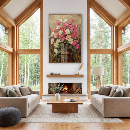 Pink White Blooms Rustic Farmhouse wall art in a farmhouse-style room – pink and white flowers on a weathered wooden