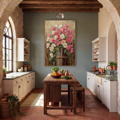 Pink White Blooms Rustic Farmhouse wall art in a farmhouse-style room – pink and white flowers on a weathered wooden