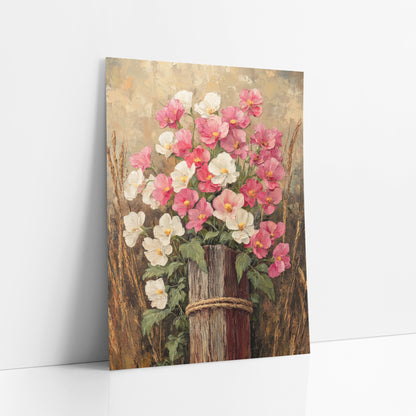 Pink White Blooms Rustic Farmhouse art print leaning against a white wall – pink and white flowers on a weathered wooden post