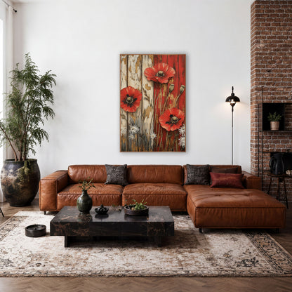 Red Poppy Rustic Farmhouse Floral wall art in a farmhouse-style room – three red poppies with seed pods and white lacy