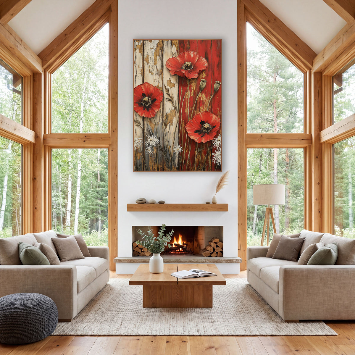 Red Poppy Rustic Farmhouse Floral wall art in a farmhouse-style room – three red poppies with seed pods and white lacy