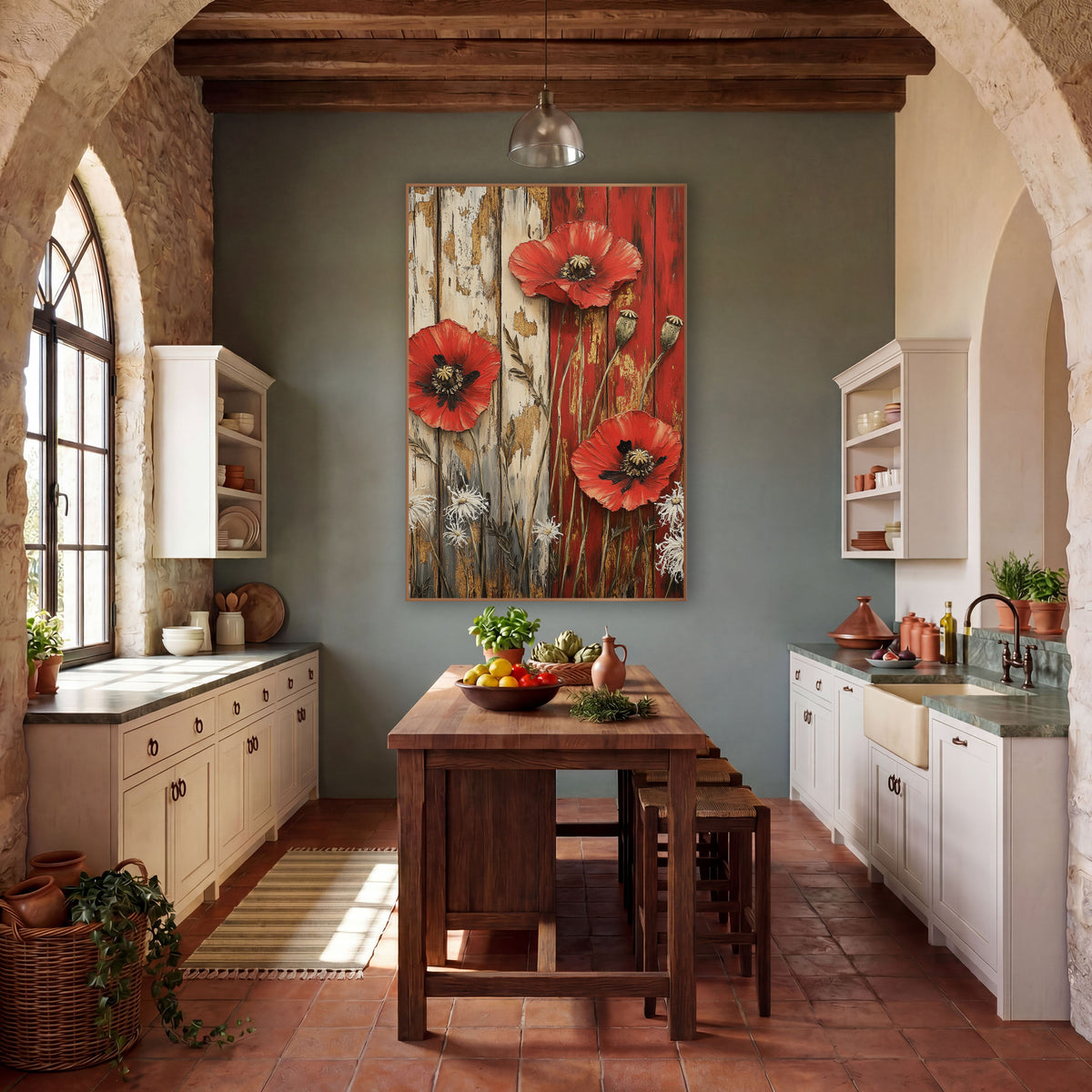 Red Poppy Rustic Farmhouse Floral wall art in a farmhouse-style room – three red poppies with seed pods and white lacy