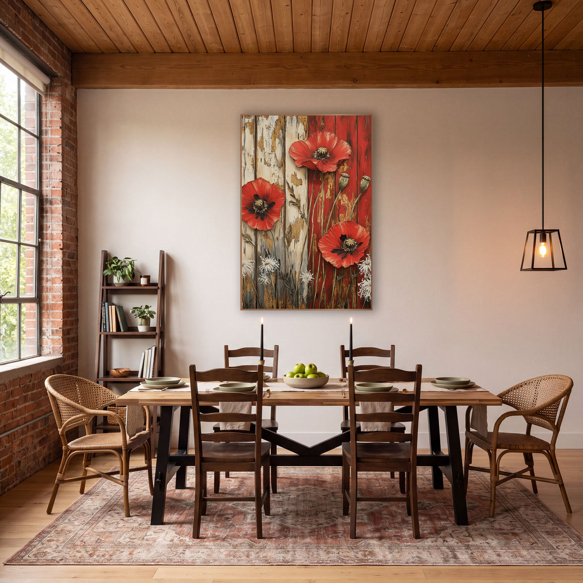 Red Poppy Rustic Farmhouse Floral wall art in a farmhouse-style room – three red poppies with seed pods and white lacy