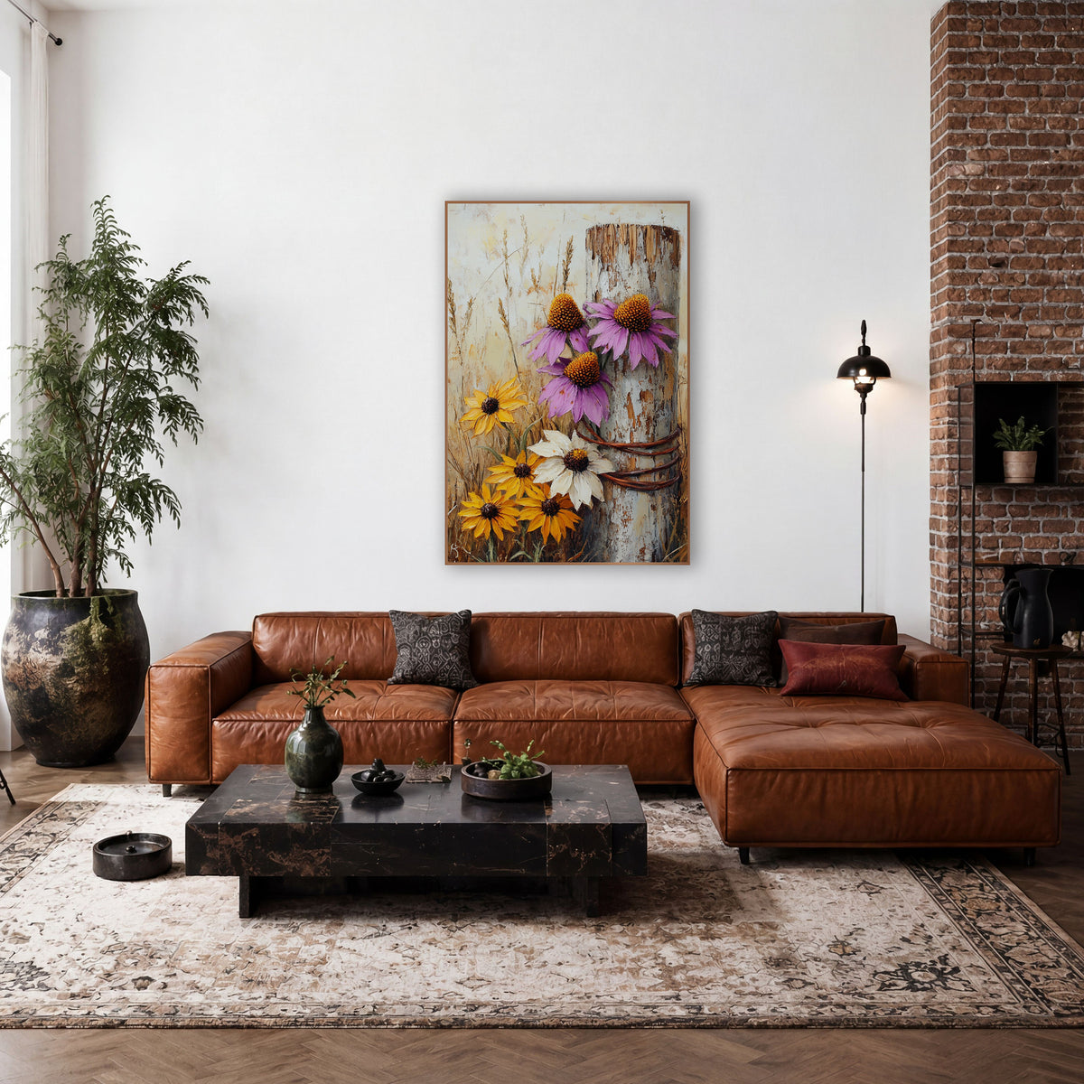 Purple Coneflower Post Rustic wall art in a farmhouse-style room – purple coneflowers and yellow black-eyed susans