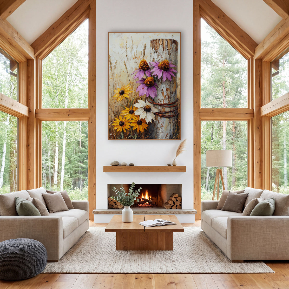 Purple Coneflower Post Rustic wall art in a farmhouse-style room – purple coneflowers and yellow black-eyed susans