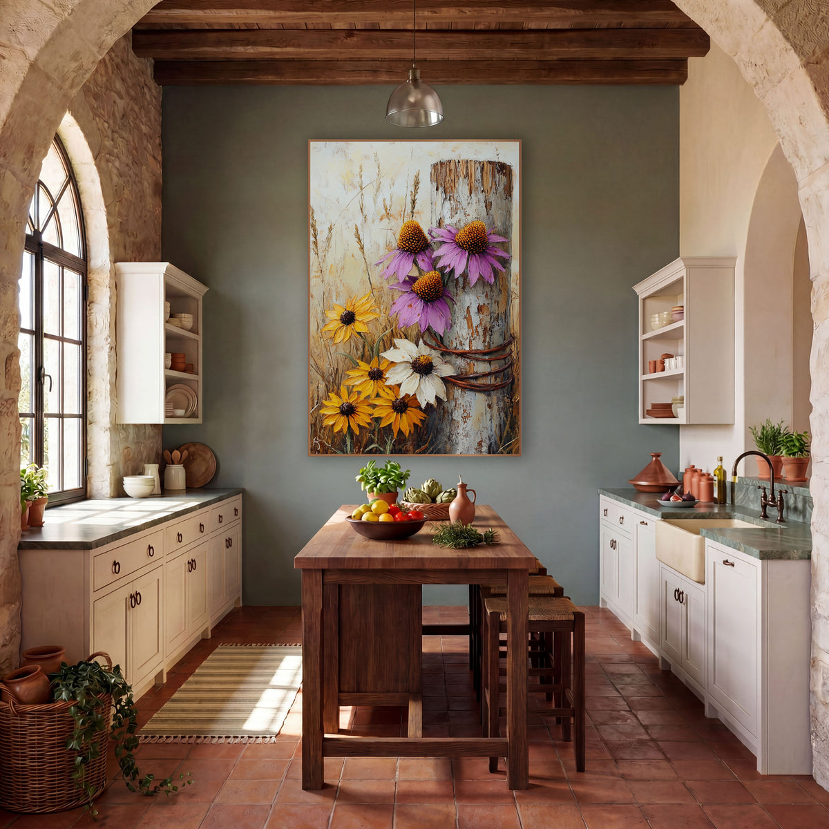 Purple Coneflower Post Rustic wall art in a farmhouse-style room – purple coneflowers and yellow black-eyed susans
