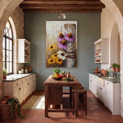 Purple Coneflower Post Rustic wall art in a farmhouse-style room – purple coneflowers and yellow black-eyed susans