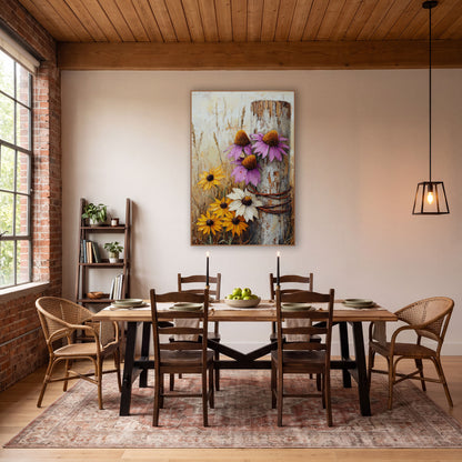 Purple Coneflower Post Rustic wall art in a farmhouse-style room – purple coneflowers and yellow black-eyed susans