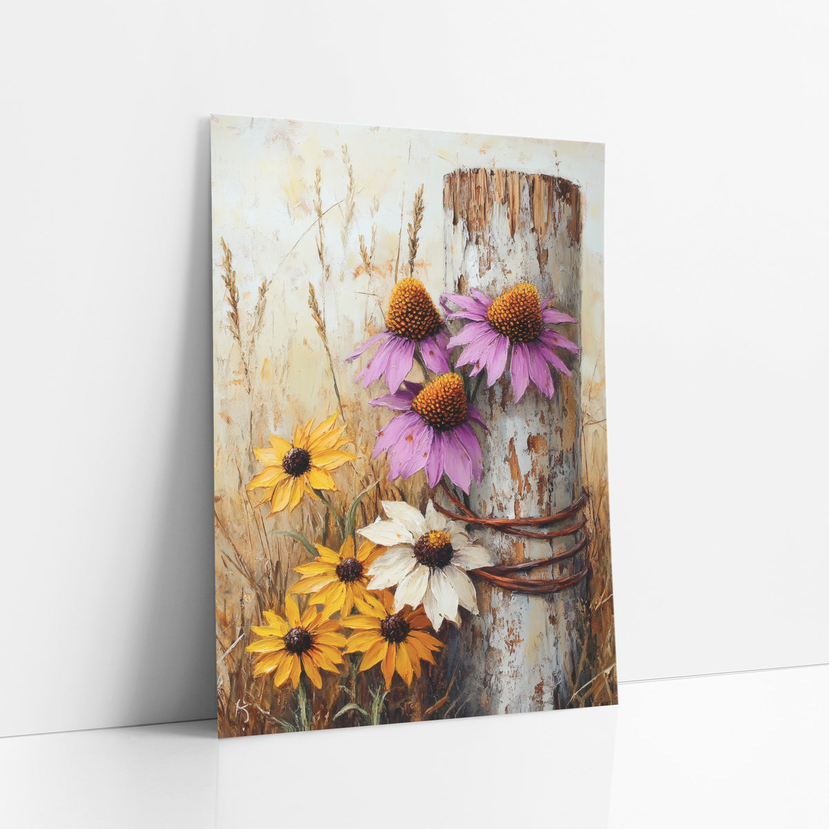 Purple Coneflower Post Rustic art print leaning against a white wall – purple coneflowers and yellow black-eyed susans