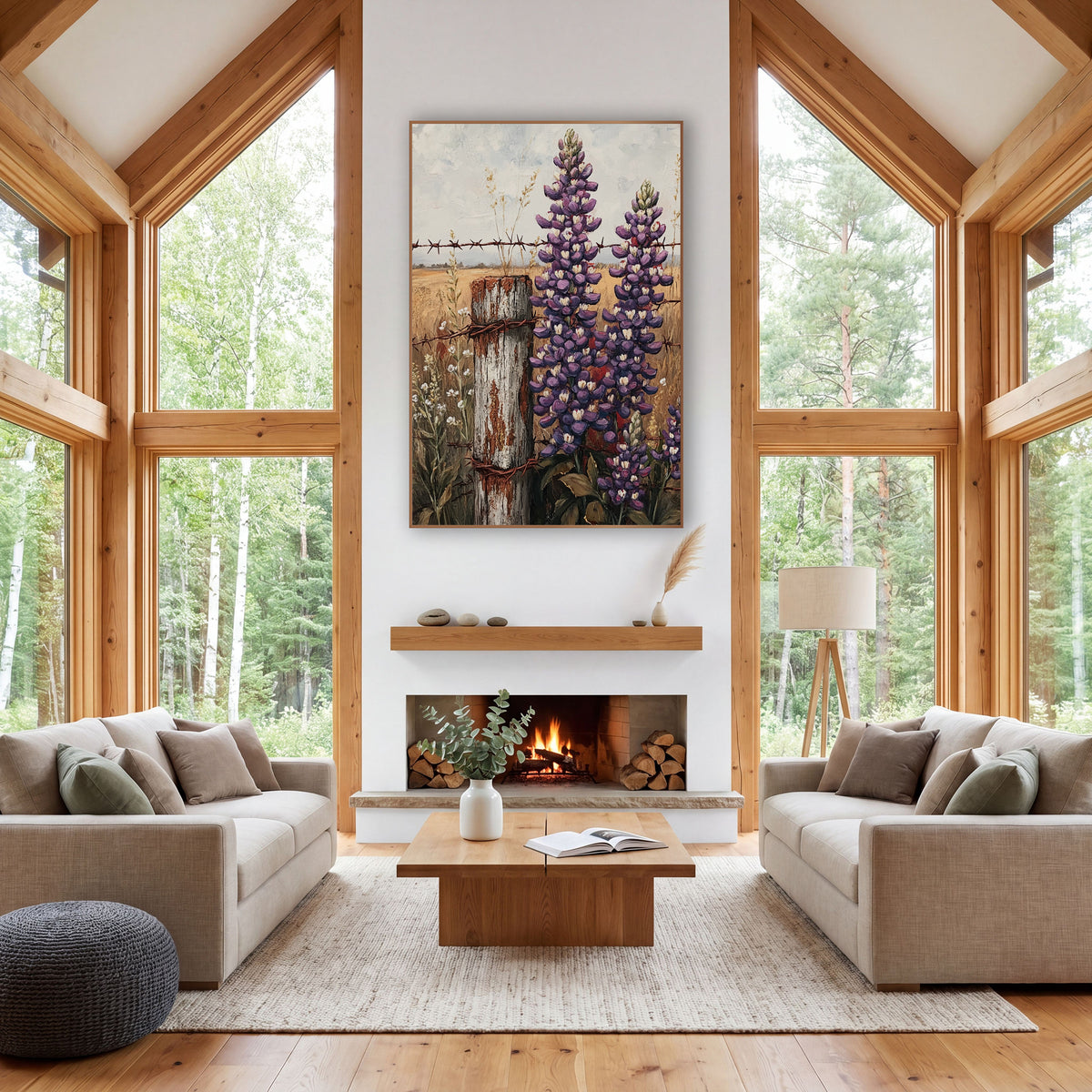 Purple Lupine Fence Post Farmhouse wall art in a farmhouse-style room – tall purple lupines beside a weathered fence