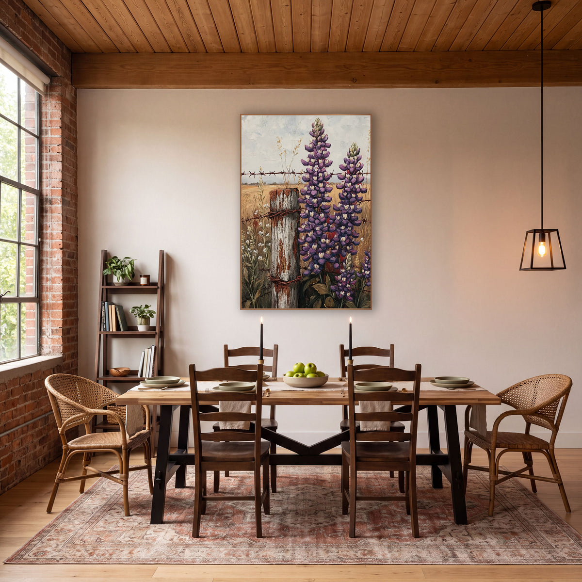 Purple Lupine Fence Post Farmhouse wall art in a farmhouse-style room – tall purple lupines beside a weathered fence