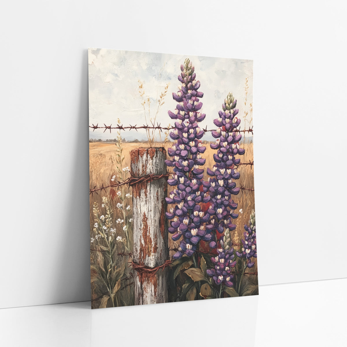 Purple Lupine Fence Post Farmhouse art print leaning against a white wall – tall purple lupines beside a weathered fence post