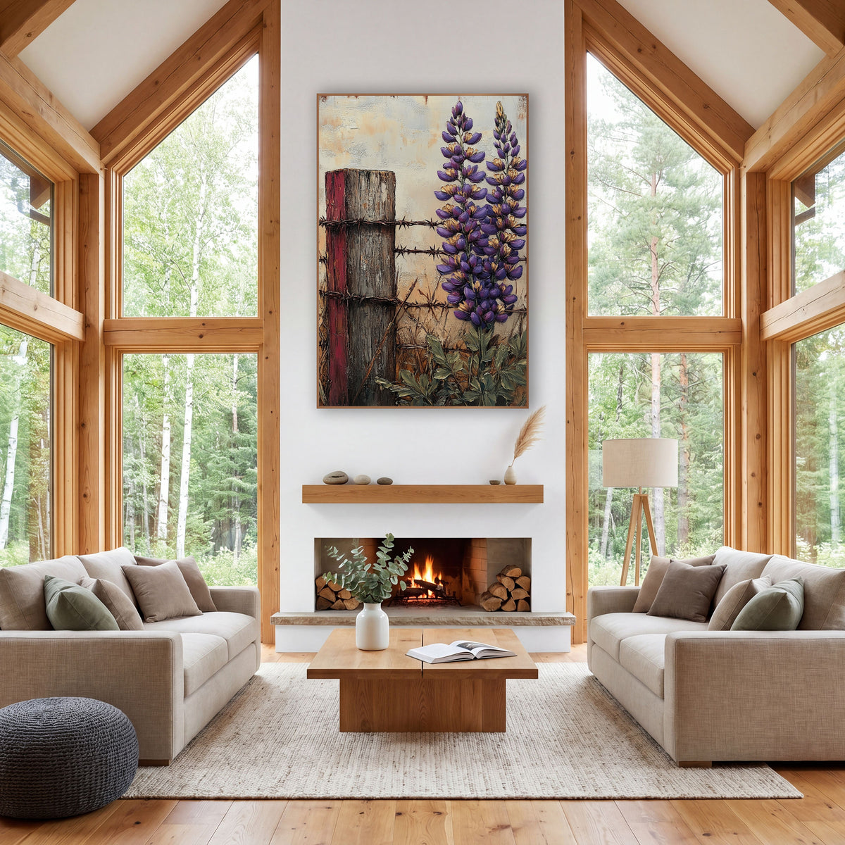 Purple Lupine Fence Post Rustic wall art in a farmhouse-style room – two tall purple lupine flowers beside a weathered