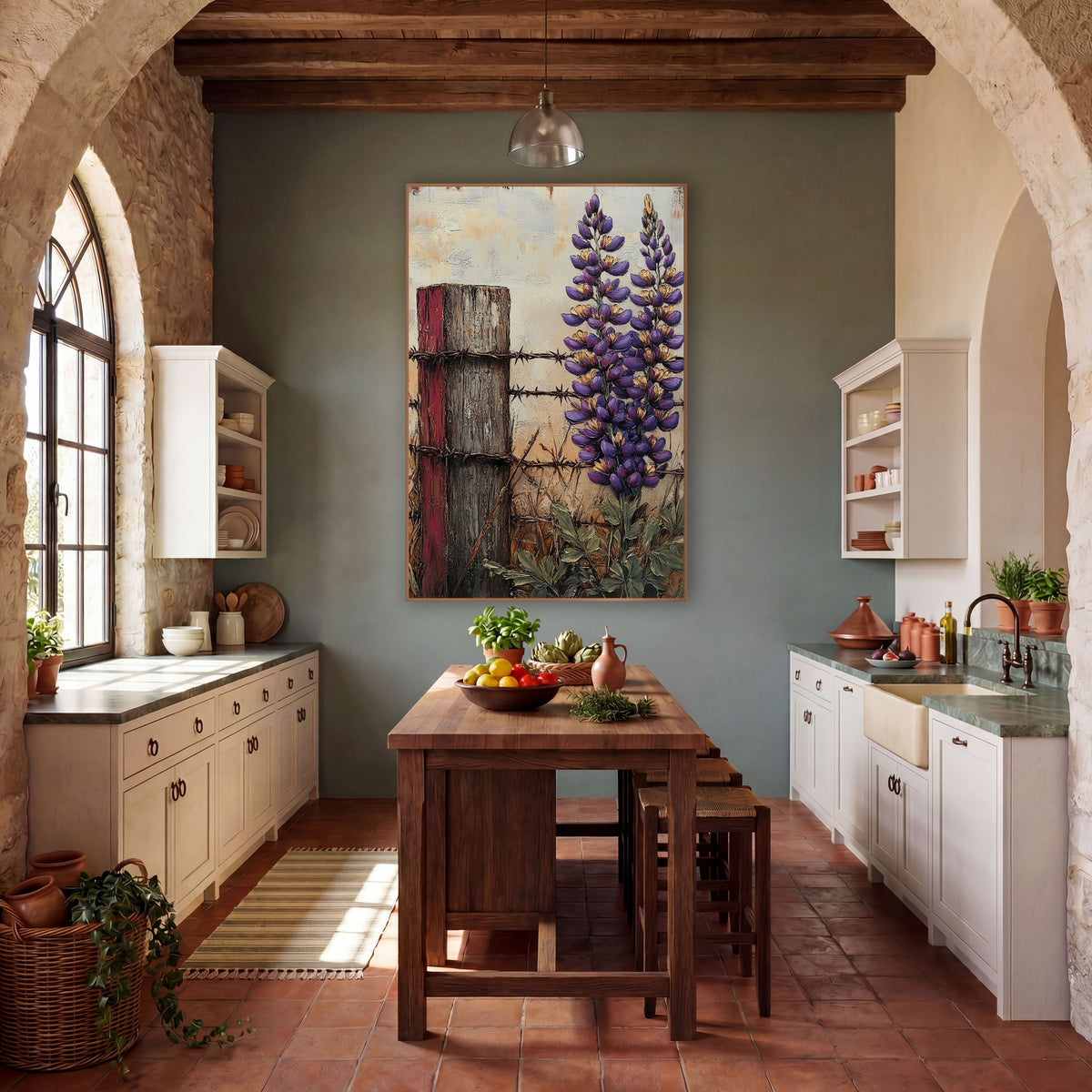 Purple Lupine Fence Post Rustic wall art in a farmhouse-style room – two tall purple lupine flowers beside a weathered