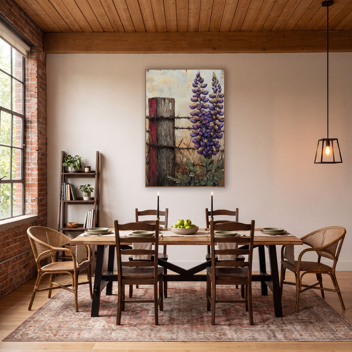 Purple Lupine Fence Post Rustic wall art in a farmhouse-style room – two tall purple lupine flowers beside a weathered