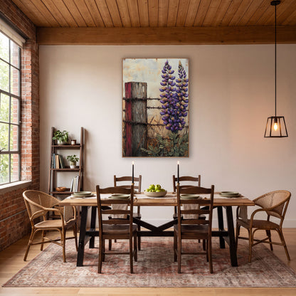 Purple Lupine Fence Post Rustic wall art in a farmhouse-style room – two tall purple lupine flowers beside a weathered