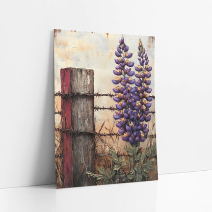 Purple Lupine Fence Post Rustic art print leaning against a white wall – two tall purple lupine flowers beside a weathered