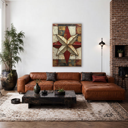 Eight Point Crackled Quilt Star wall art in a farmhouse-style room – eight-pointed red and cream quilt star on a worn