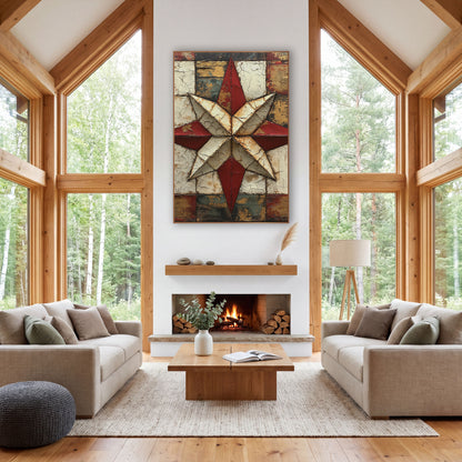 Eight Point Crackled Quilt Star wall art in a farmhouse-style room – eight-pointed red and cream quilt star on a worn