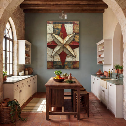 Eight Point Crackled Quilt Star wall art in a farmhouse-style room – eight-pointed red and cream quilt star on a worn