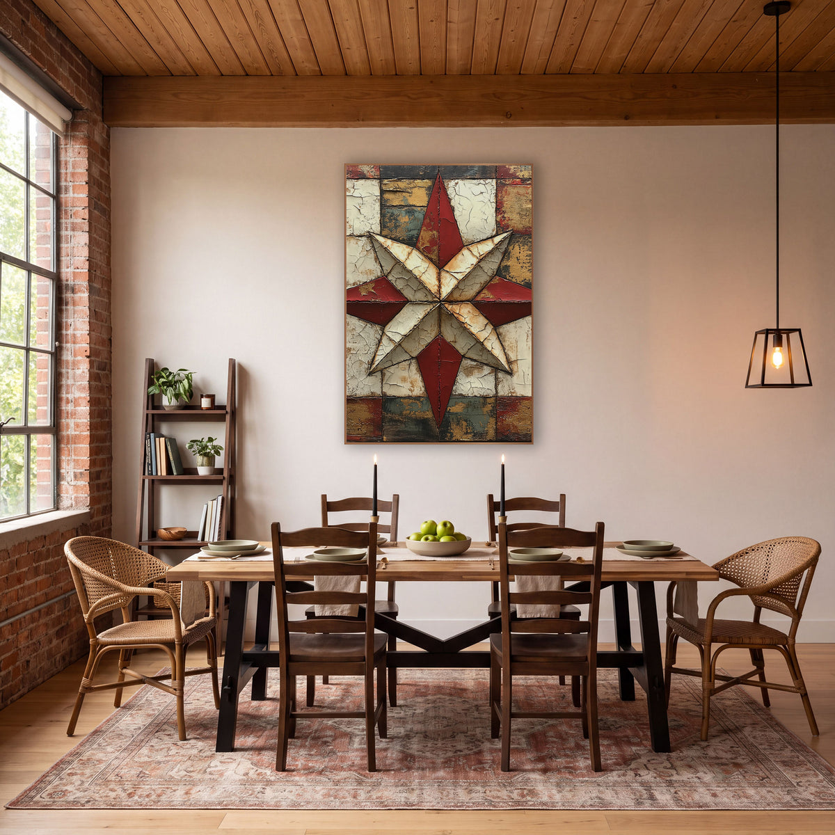 Eight Point Crackled Quilt Star wall art in a farmhouse-style room – eight-pointed red and cream quilt star on a worn