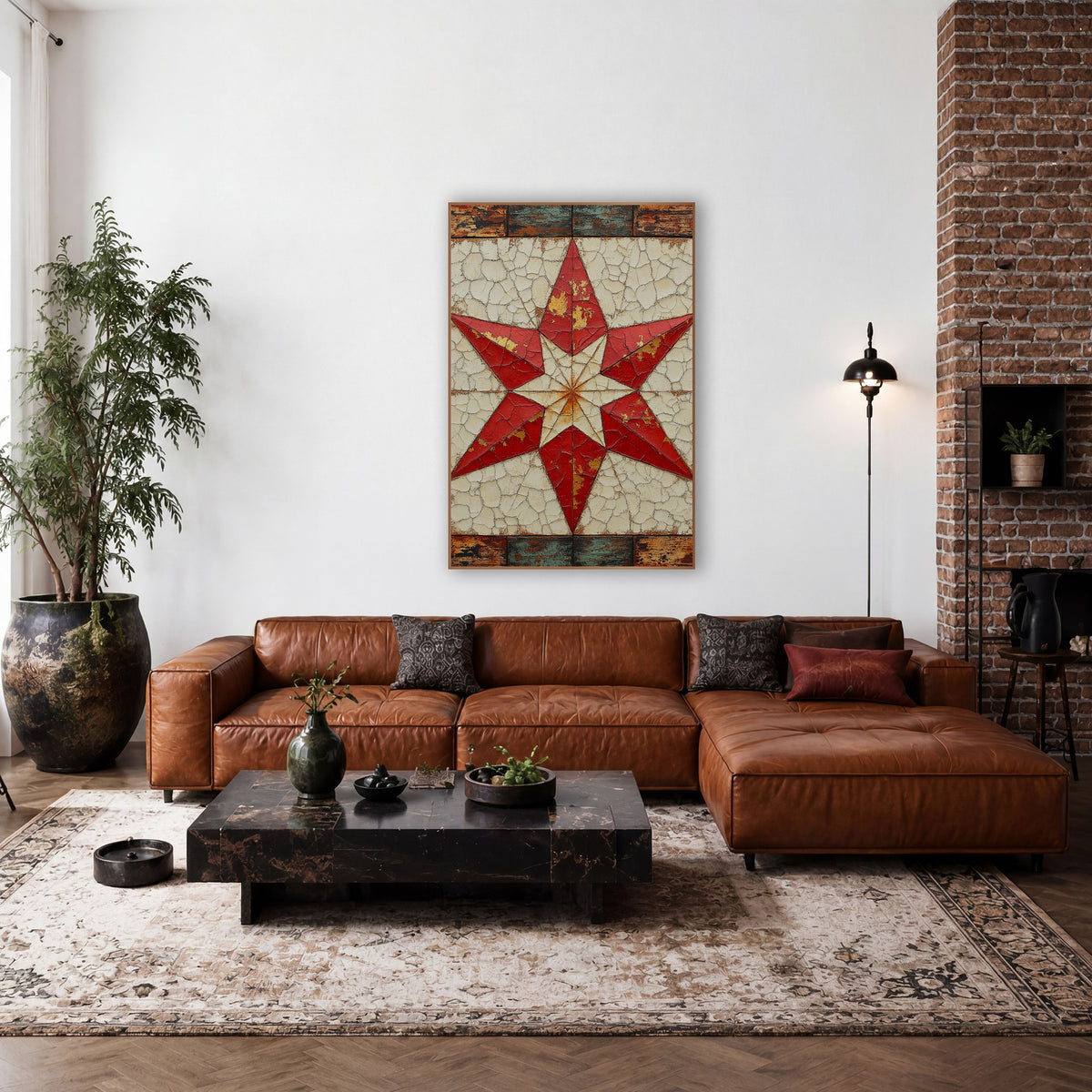 Red Eight Point Quilt Star Farmhouse wall art in a farmhouse-style room – red eight-pointed quilt star on a cracked