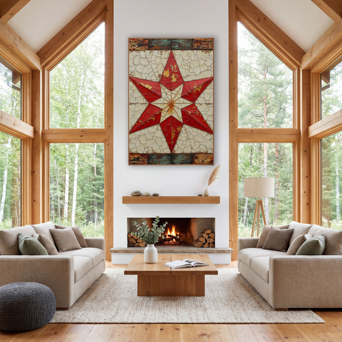 Red Eight Point Quilt Star Farmhouse wall art in a farmhouse-style room – red eight-pointed quilt star on a cracked