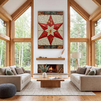 Red Eight Point Quilt Star Farmhouse wall art in a farmhouse-style room – red eight-pointed quilt star on a cracked