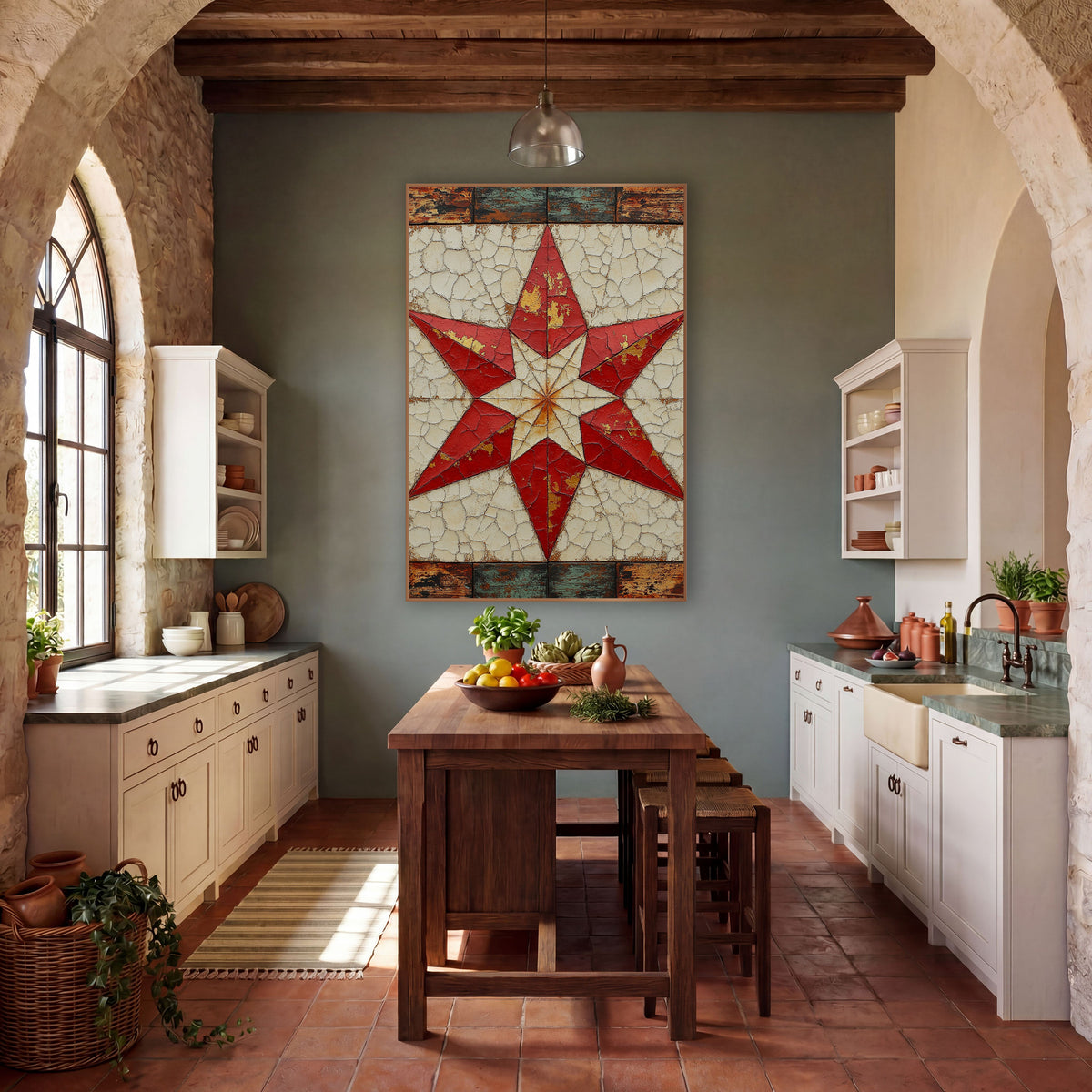 Red Eight Point Quilt Star Farmhouse wall art in a farmhouse-style room – red eight-pointed quilt star on a cracked