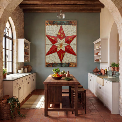 Red Eight Point Quilt Star Farmhouse wall art in a farmhouse-style room – red eight-pointed quilt star on a cracked