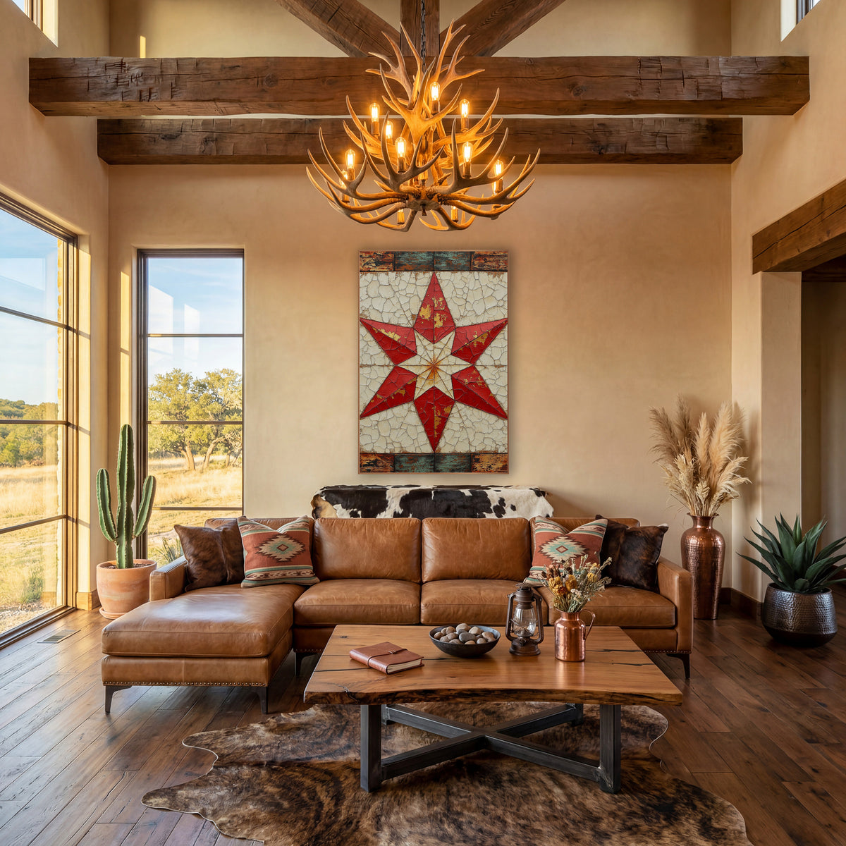 Red Eight Point Quilt Star Farmhouse wall art in a farmhouse-style room – red eight-pointed quilt star on a cracked