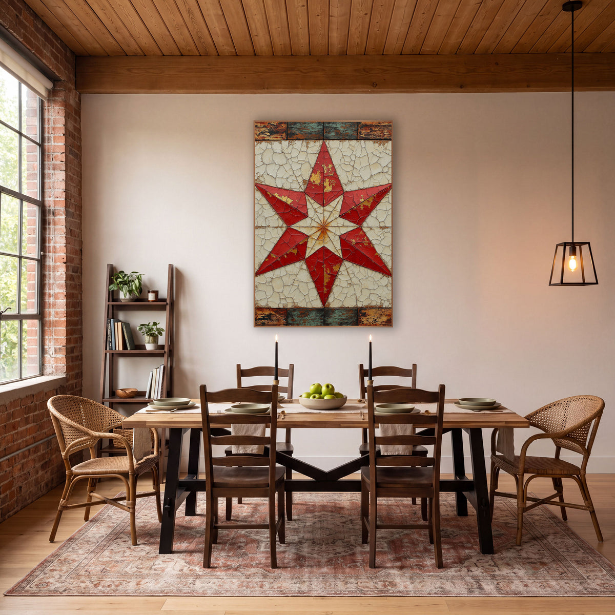 Red Eight Point Quilt Star Farmhouse wall art in a farmhouse-style room – red eight-pointed quilt star on a cracked