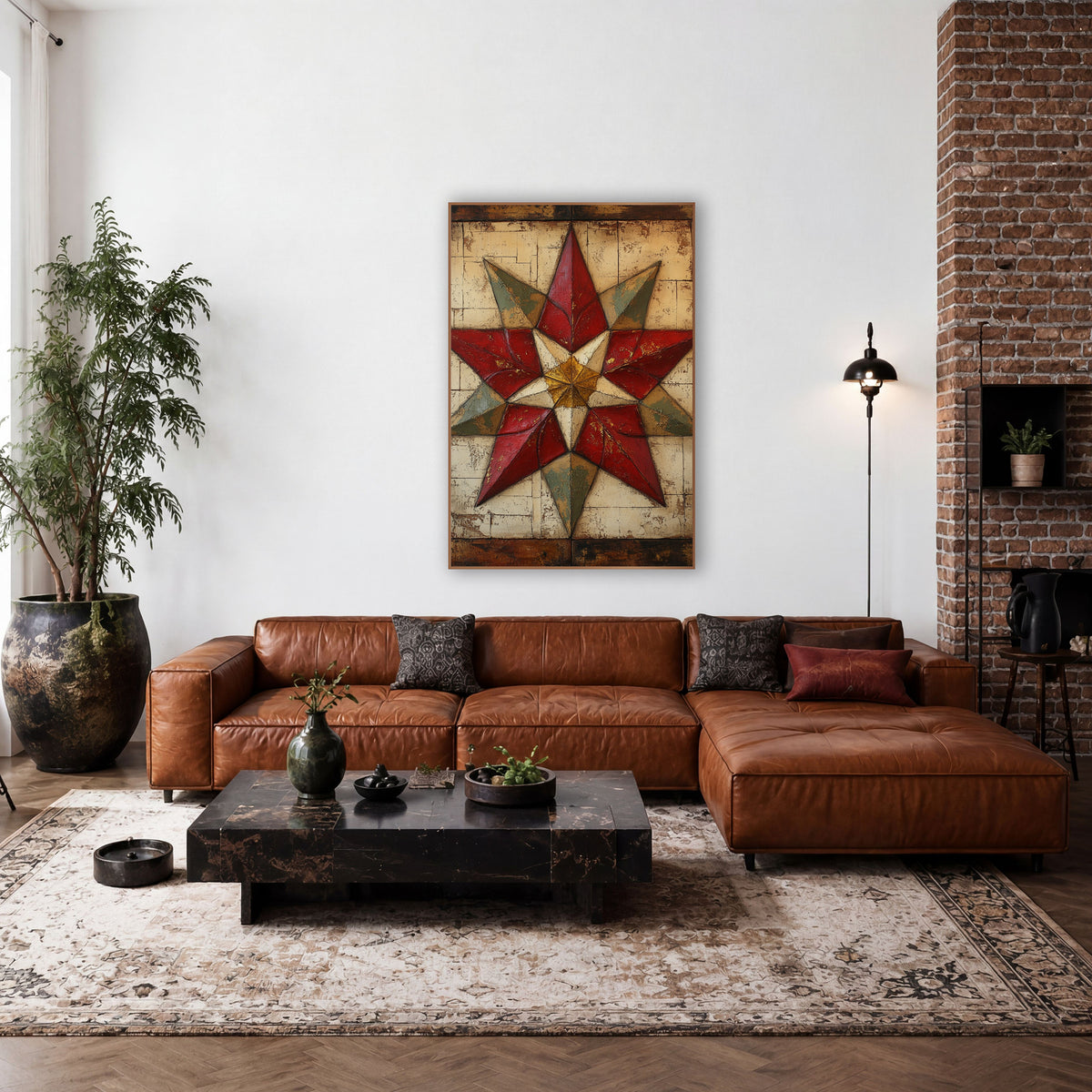 Golden Center Sage Quilt Star wall art in a farmhouse-style room – eight-point quilt star in red, sage green and gold