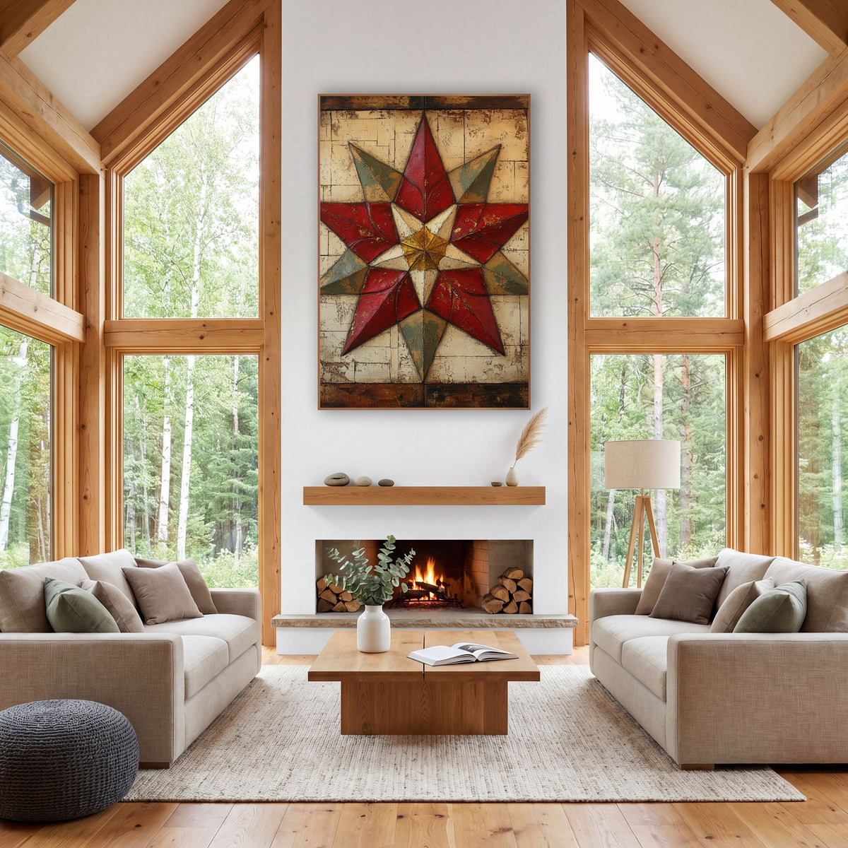 Golden Center Sage Quilt Star wall art in a farmhouse-style room – eight-point quilt star in red, sage green and gold