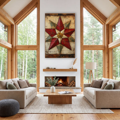 Golden Center Sage Quilt Star wall art in a farmhouse-style room – eight-point quilt star in red, sage green and gold