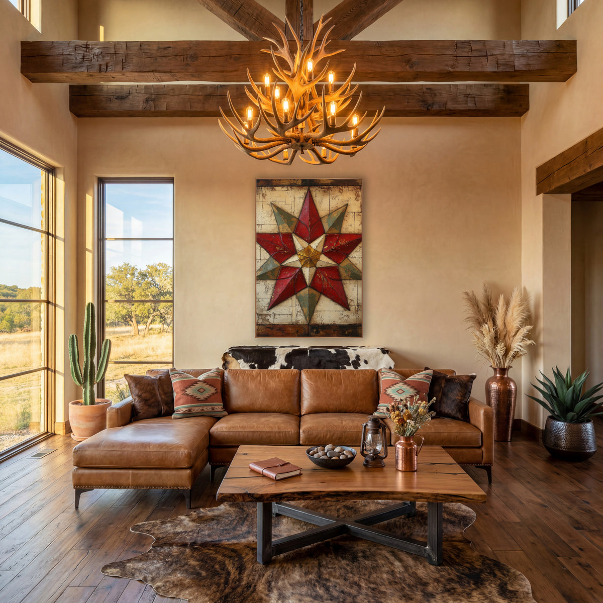 Golden Center Sage Quilt Star wall art in a farmhouse-style room – eight-point quilt star in red, sage green and gold