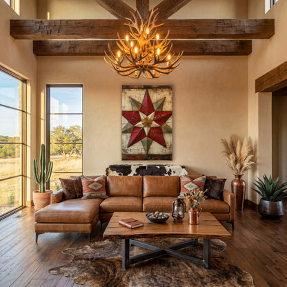 Golden Center Sage Quilt Star wall art in a farmhouse-style room – eight-point quilt star in red, sage green and gold
