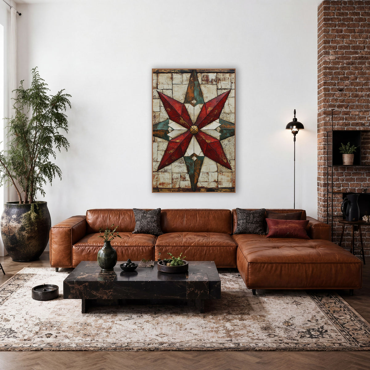 Brass Center Teal Quilt Star wall art in a farmhouse-style room – eight-pointed red and teal quilt star with gold