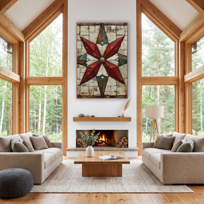 Brass Center Teal Quilt Star wall art in a farmhouse-style room – eight-pointed red and teal quilt star with gold