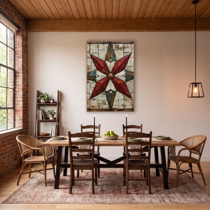 Brass Center Teal Quilt Star wall art in a farmhouse-style room – eight-pointed red and teal quilt star with gold