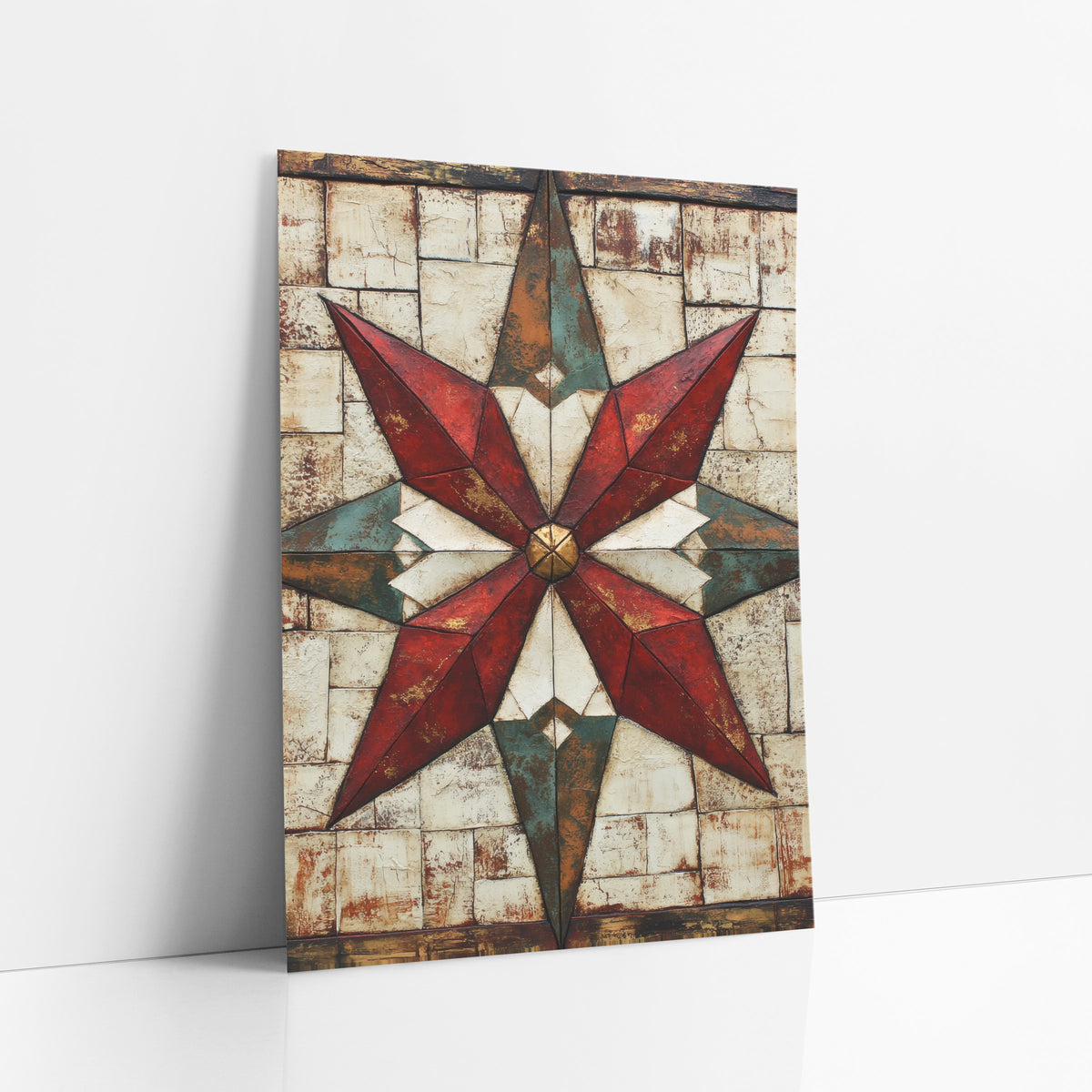 Brass Center Teal Quilt Star art print leaning against a white wall – eight-pointed red and teal quilt star with gold center