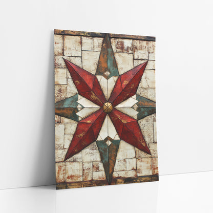 Brass Center Teal Quilt Star art print leaning against a white wall – eight-pointed red and teal quilt star with gold center