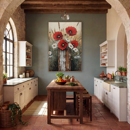 Red Poppies Rustic Fence Post Floral wall art in a farmhouse-style room – red poppies and white wildflowers behind