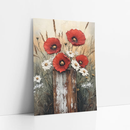 Red Poppies Rustic Fence Post Floral art print leaning against a white wall – red poppies and white wildflowers behind