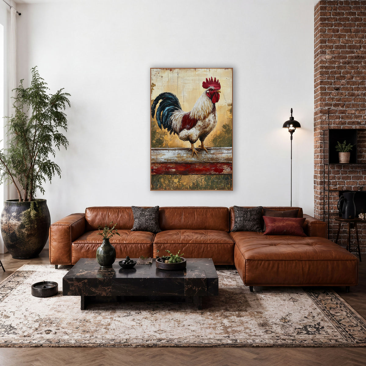 Crimson Rooster Rustic Farmhouse wall art in a farmhouse-style room – white and red rooster with teal tail feathers