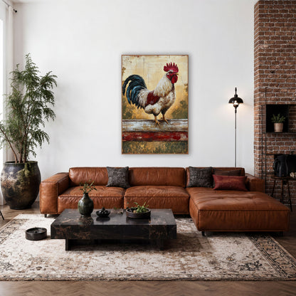 Crimson Rooster Rustic Farmhouse wall art in a farmhouse-style room – white and red rooster with teal tail feathers
