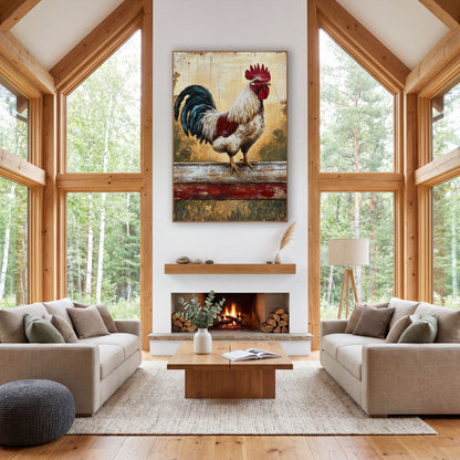 Crimson Rooster Rustic Farmhouse wall art in a farmhouse-style room – white and red rooster with teal tail feathers
